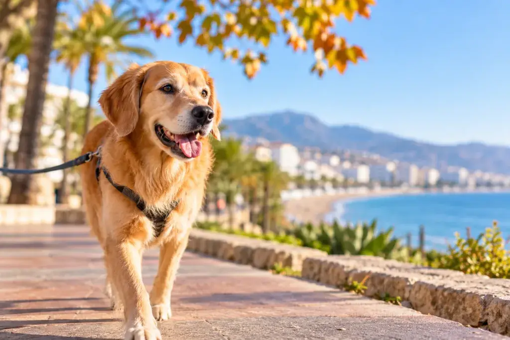 Perro paseando por la Costa del Sol en otoño, imagen sobre leishmaniosis en perros en Torremolinos.